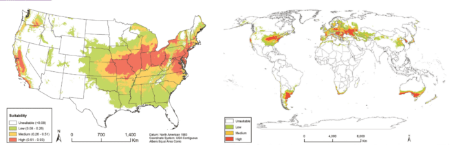 Areas in the United States and world that have been identified as possible spotted lanternfly habitat.