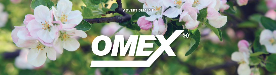 OMEX logo on top of an image of fruit blossons