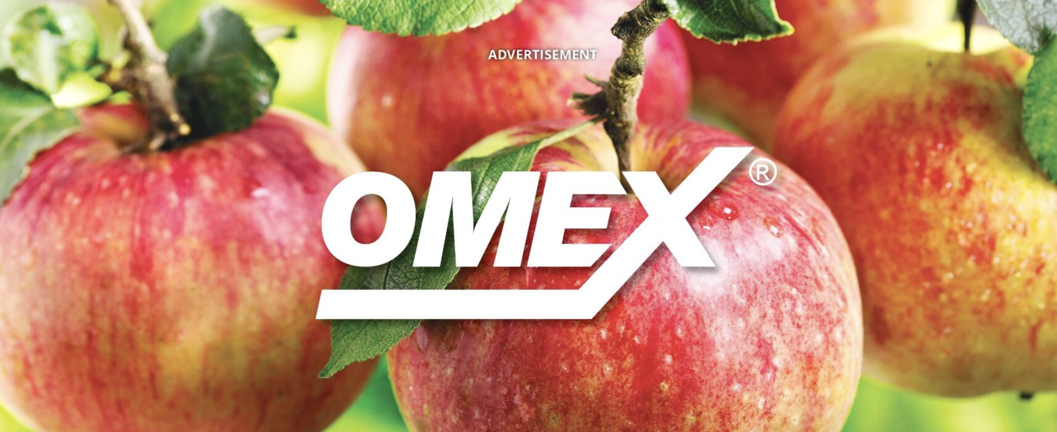 Image of apples on a tree with white OMEX logo on top as well as ADVERTISEMENT text