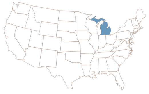 The state of Michigan highlighted on a map of the U.S.