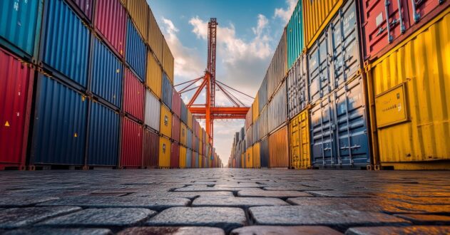 low angle view of stacked containers and crane at port