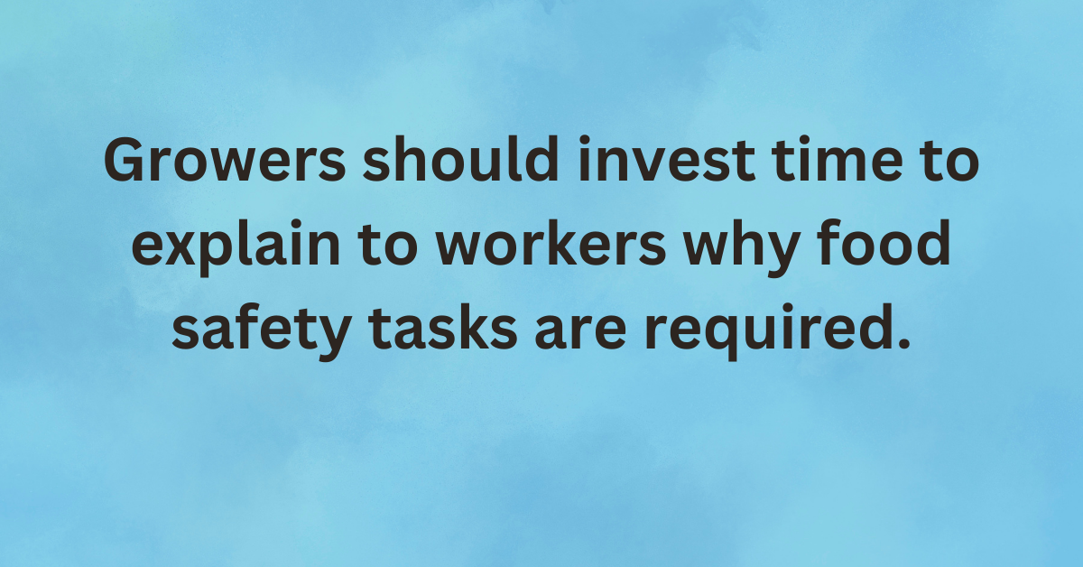Quote on growers and handling food/crops safely. Text is black with a blue colored background.