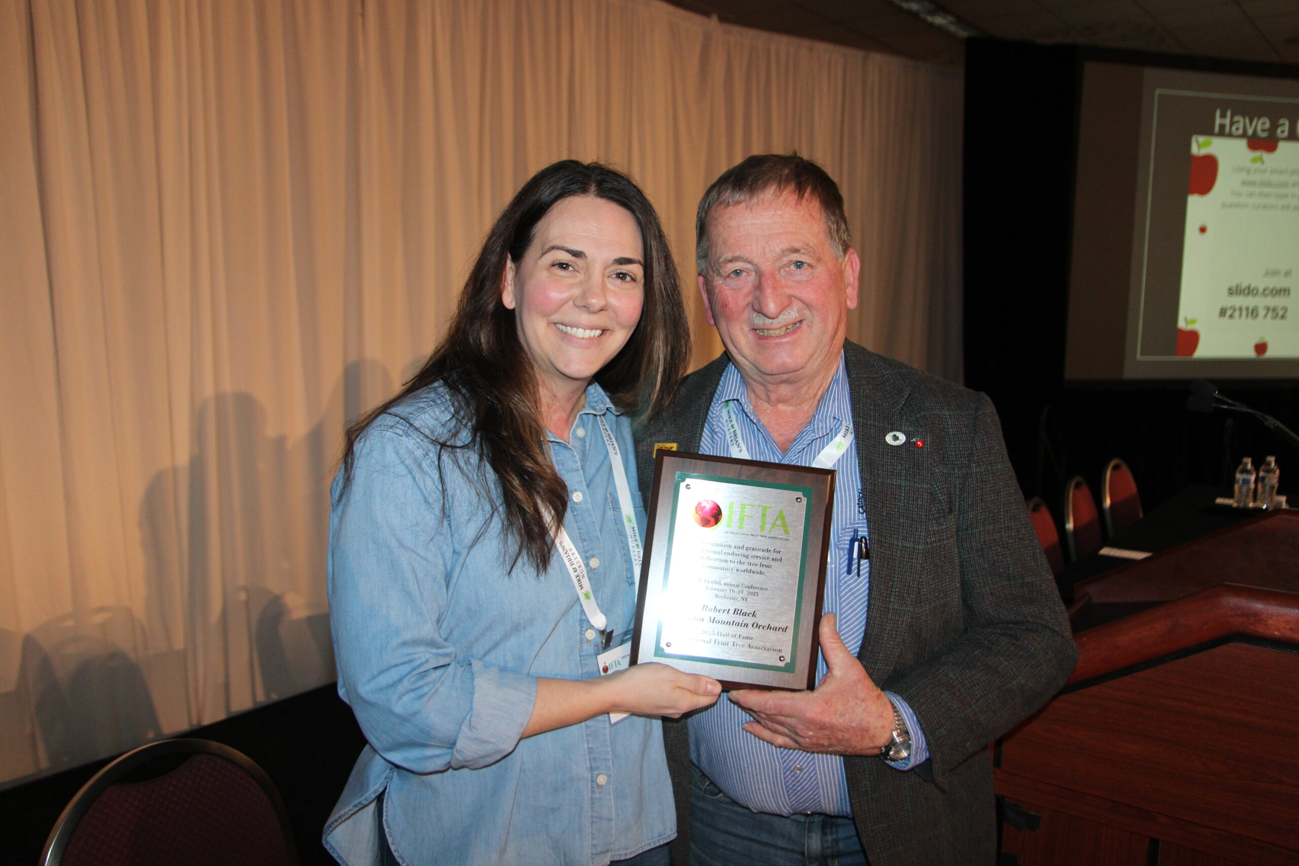 Jennifer Baugher-Benton of Adams County Nursery inducted Maryland’s Bob Black of Catoctin Mountain Orchard into International Fruit Tree Association’s IFPA’s Hall of Fame.