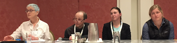 A panel of growers discussed tree trimming at the International Fruit Tree Association annual conference in February. From left, are Jill MacKenzie of Whittier Fruit Farm in Rochester and Appleton, New York; Tom Ferri of T&K Orchards in Ontario, Canada; Suzanne Bishop of Allan Brothers in Naches, Washington, and Bridget Engelsma, of J Engelsma Orchards in Walker, Michigan.