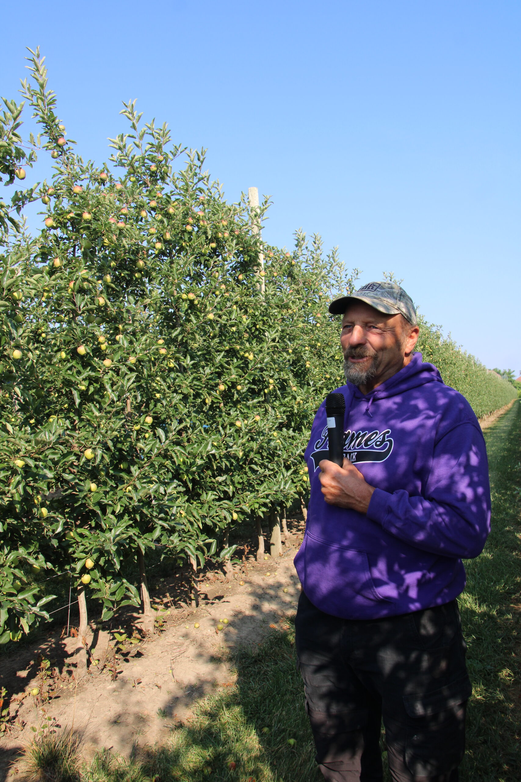 Photo of Cedar Springs’ Don Thompson talking about apples in an orchard.