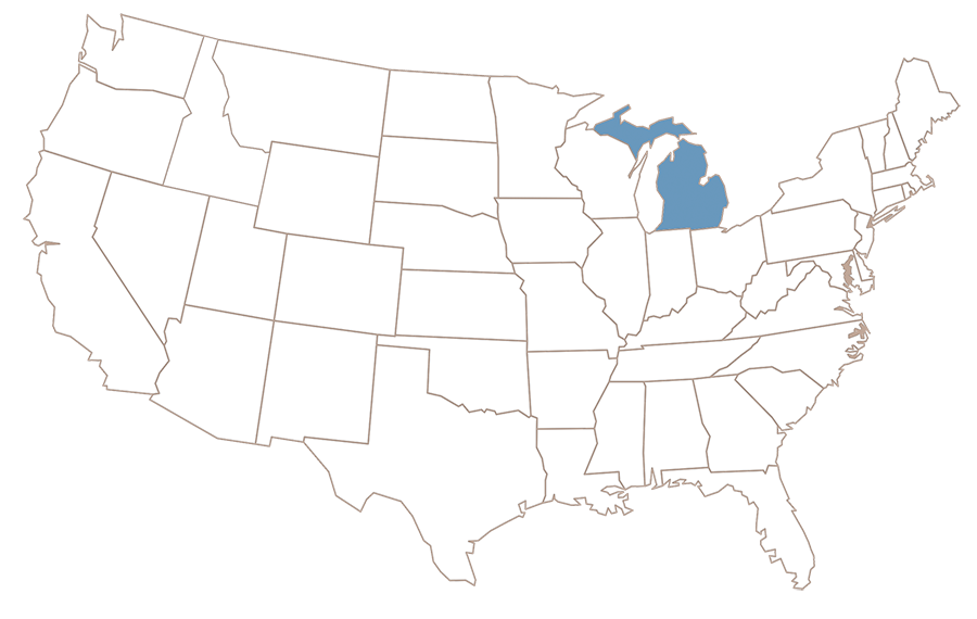 The state of Michigan highlighted on a map of the U.S.