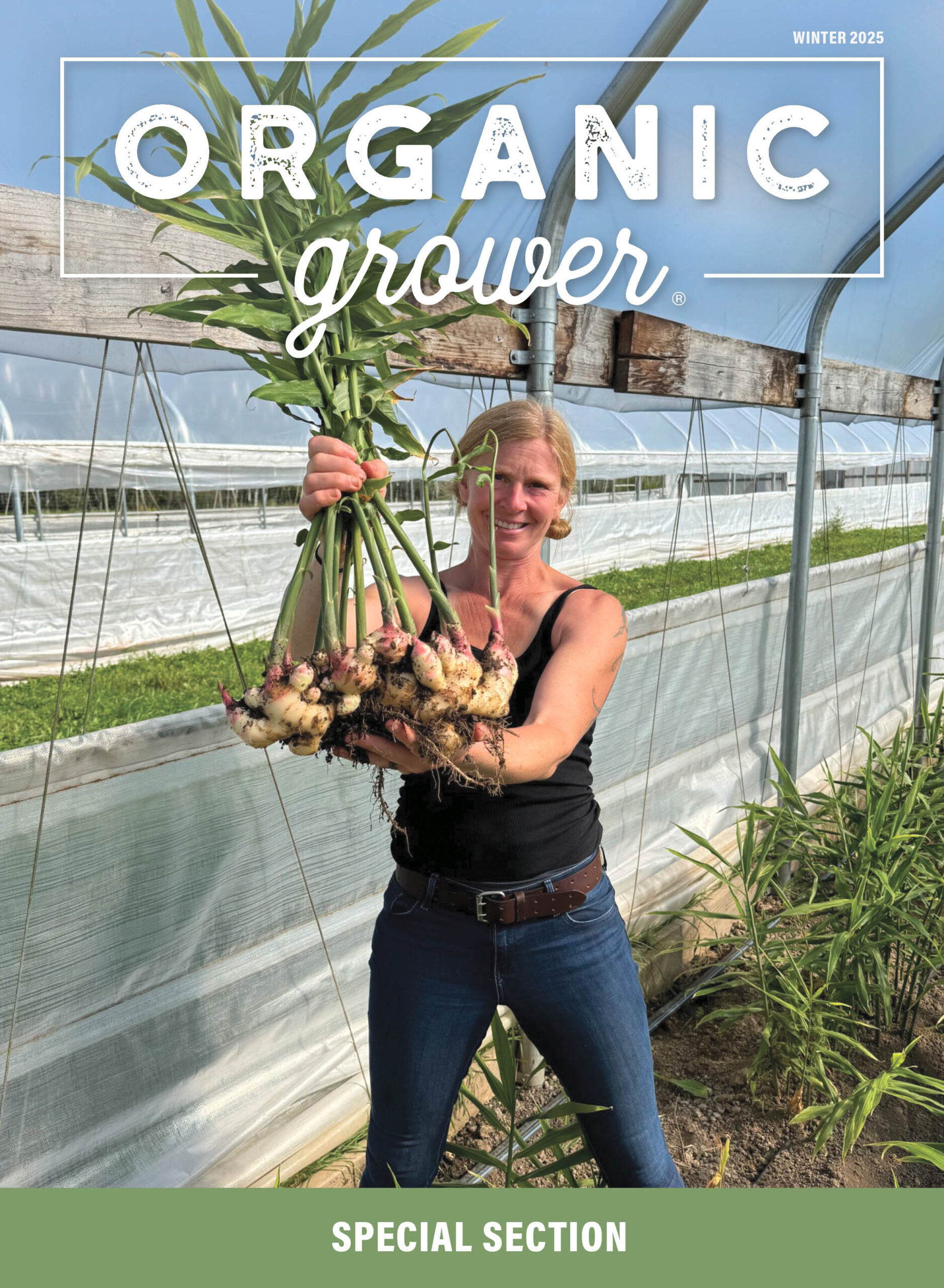 Katrina Becker on the cover of Organic Grower, holding crops in her hands