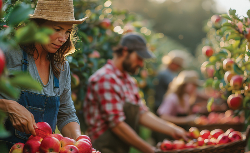 Farmworkers harvesting apples, including a woman in a brown hat and overalls, a man in a checkered shirt and gray baseball cap, and two other people blurred in the background