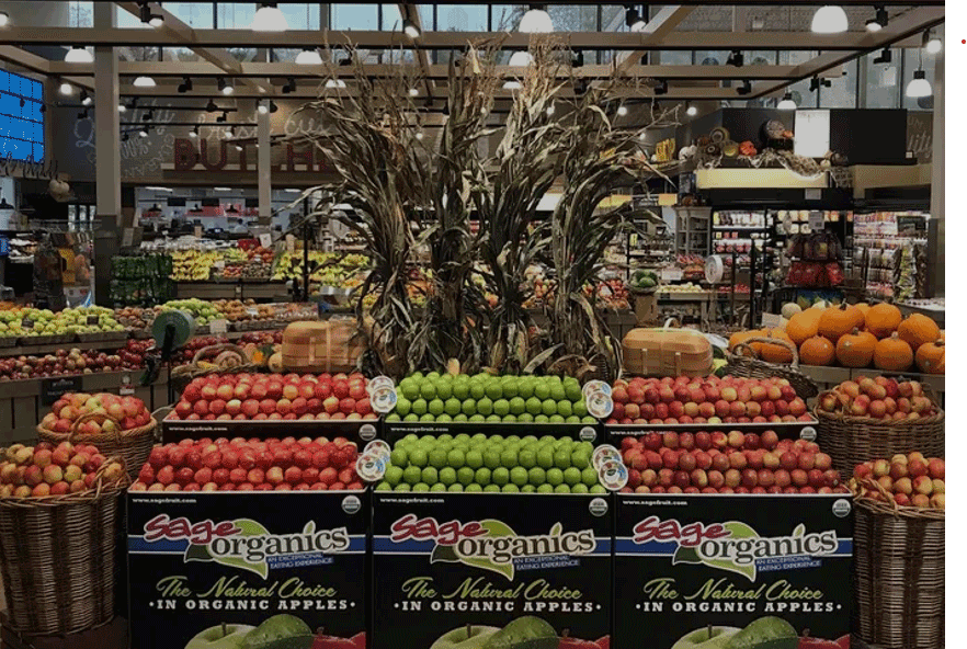 organic apples retail supermarket display Sage