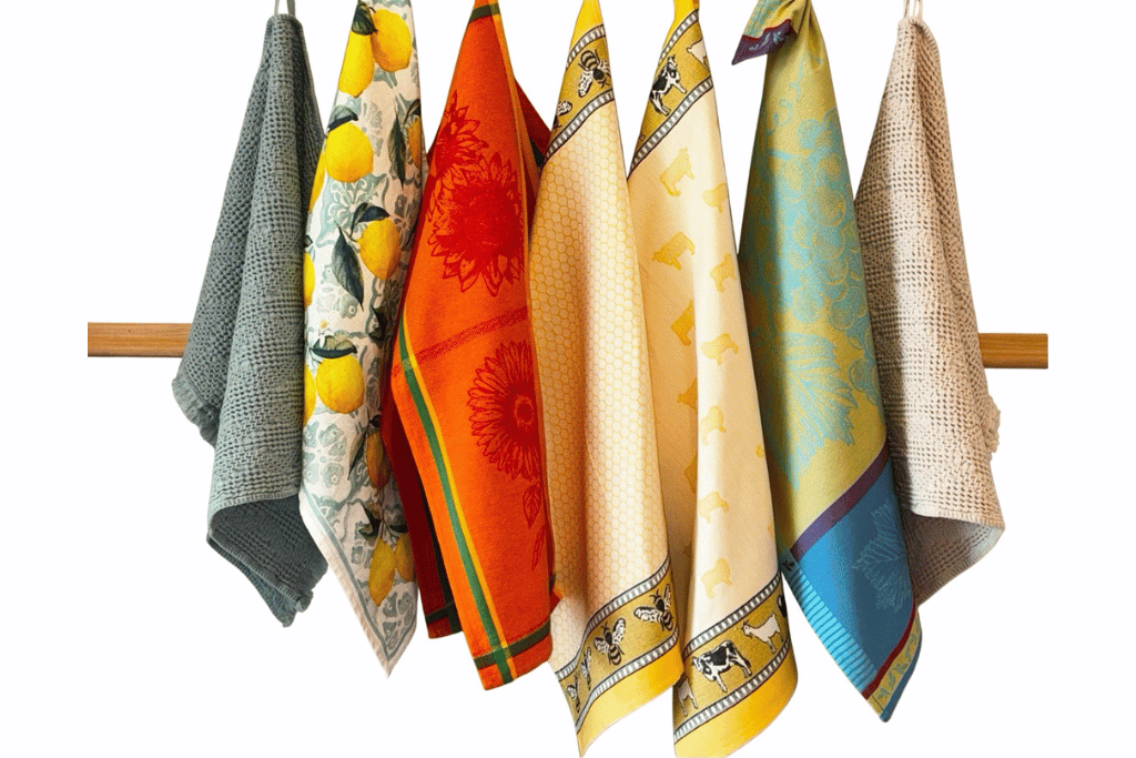Image shows seven tea towels hanging up as examples of the company's products